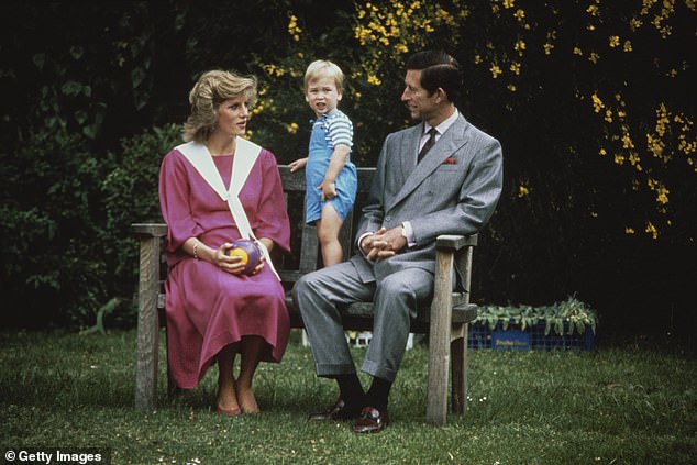 The princess sat on a bench outside in Windsor and spoke to the world with her shocking news as the sun shone on a spring day. Pictured: Diana and Charles with William in the garden at Kensington Palace in 1984