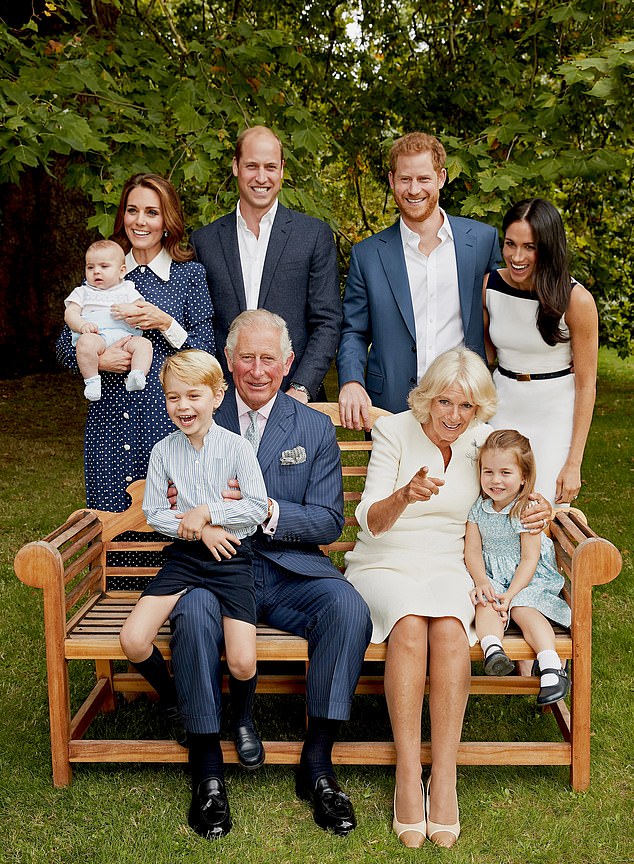 It came after weeks of speculation about her health and whereabouts following planned stomach surgery in January. Pictured: A family photo for the King's 70th birthday in 2018