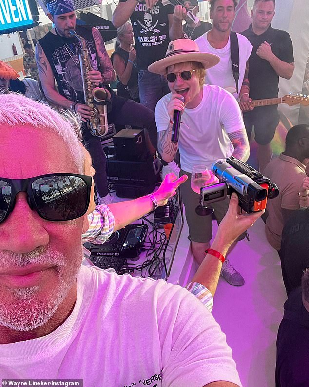 Owned by Wayne Lineker (left), O Beach is one of the most famous celebrity hotspots, having hosted the likes of Ed Sheeran (holding the mic), Maya Jama and Jack Grealish
