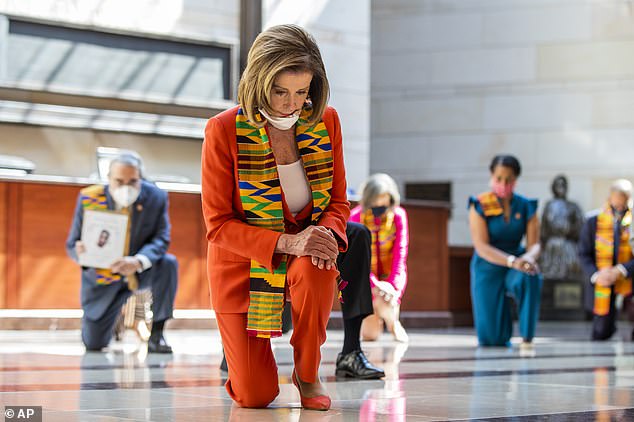 House Speaker Nancy Pelosi and other members of Congress kneel and observe a moment of silence, reading the names of George Floyd and others killed by police.