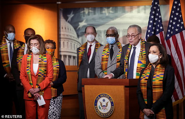 Senate Minority Leader Chuck Schumer, along with House Speaker Nancy Pelosi, Senator Kamala Harris and their fellow Democrats in Congress, introduce legislation to combat police violence and racial injustice after weeks of protests over the death of George Floyd.