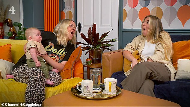 Poop door: Gogglebox fans were left baffled on Friday night when Ellie Warner's three-month-old baby pooped on her during the show's opening scene.