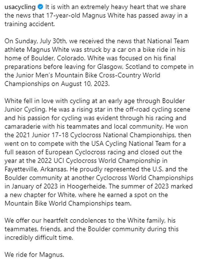 USA Cycling released a statement Sunday announcing the heartbreaking news of his death days before competing in Scotland.