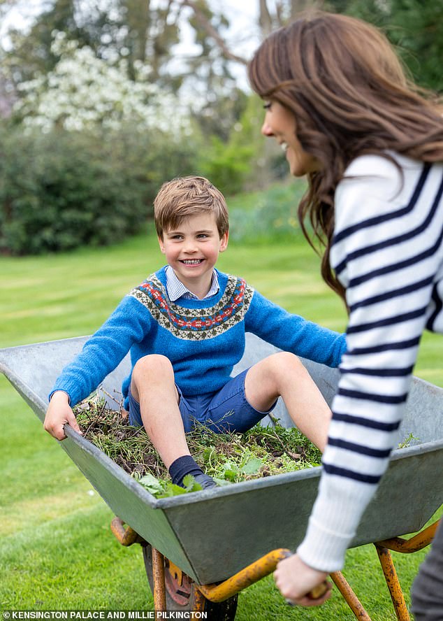 In April last year, he appeared wearing it in an official photograph of Prince Louis joking around in a wheelbarrow.
