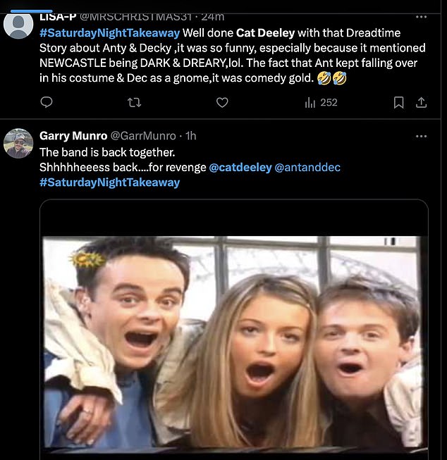 Viewers were hysterical, with some gushing over Cat, Ant and Dec's reunion and remembering the legendary 1998 comedy sketch SMTV Live on ITV, which featured the trio co-hosting.