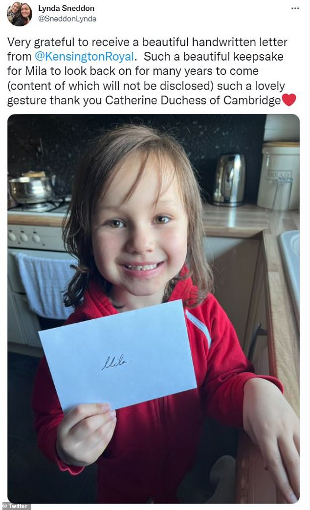 Six-year-old Mila Sneddon (pictured), from Falkirk, received a handwritten letter from the Duchess of Cambridge after finishing her cancer treatment.
