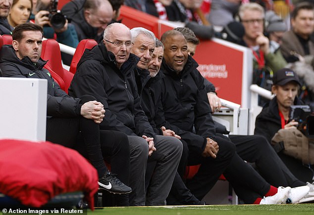 Eriksson sat alongside the likes of Isan Rush (third left) and John Barnes (right) on the bench.