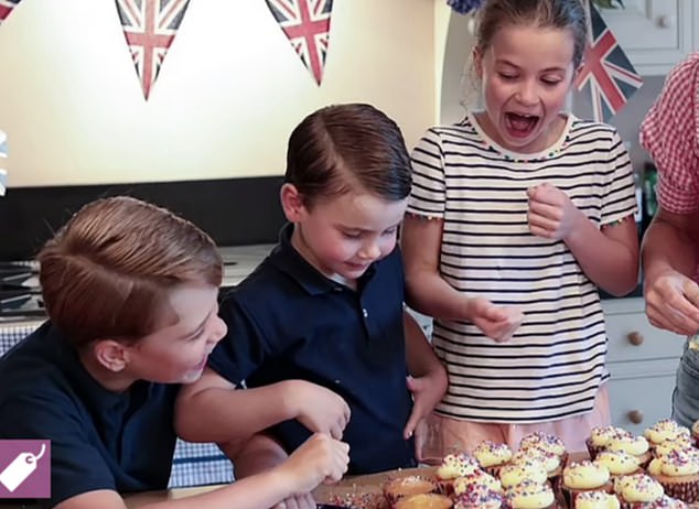 From left to right, George, Louis and Charlotte enjoy baking fairy cakes for the Platinum Jubilee.