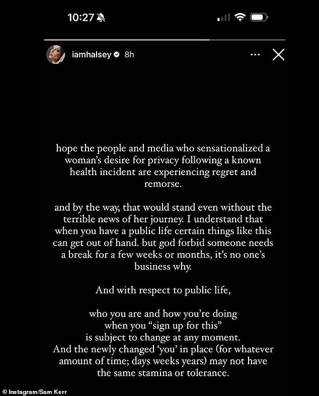 The Australian star took to Instagram to share comments from American musician Halsey.
