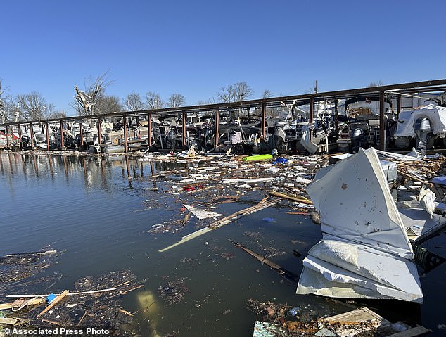 Damaged boat docks after bad weather on Orchard Island in Russells Point, Ohio, on Saturday, March 16, 2024