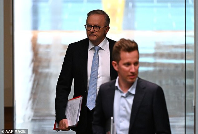 But new research from the Parliamentary Library, commissioned by the Greens, found that a borrower would need to earn significantly more - or $164,400 - to avoid being in mortgage stress (pictured, party's housing spokesman Max Chandler-Mather, front to Prime Minister Anthony Albanese)