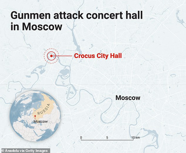 A map showing the location of Crocus Town Hall, which is situated 12 miles from the Kremlin in central Moscow.