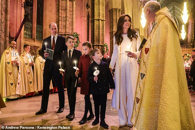 Pictured: The Princess of Wales attends the Together At Christmas carol service at Westminster Abbey with her husband Prince William and their children George, Charlotte and Louis on December 8 last year.