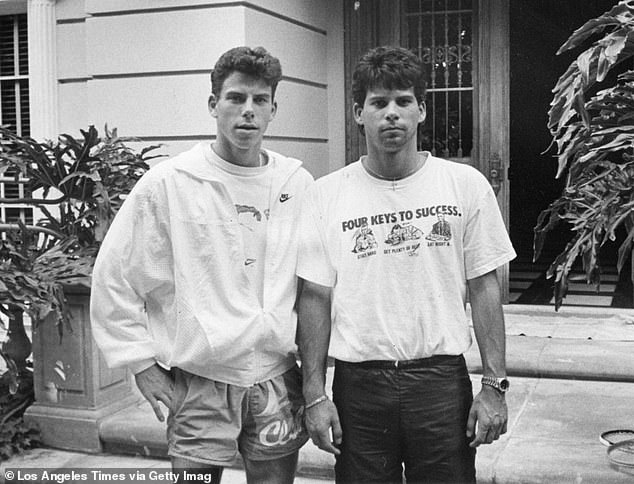 Erik Menendez, left, and his brother Lyle, in front of their home in Beverly Hills.