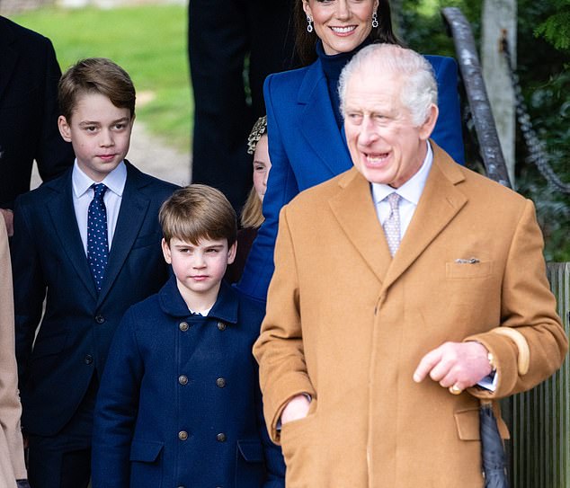 The King, pictured with the Princess of Wales and his two grandchildren, after a carol service at Sandringham in December last year.