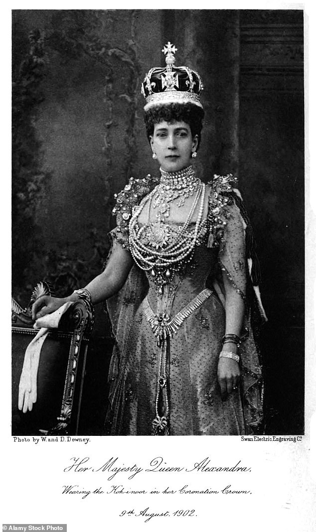 Victoria's daughter-in-law Alexandra attempted to maintain her youthful appeal well into old age, asking photographers to retouch her images.  In this 1902 portrait, Alexandra wears the crown created especially for her coronation and features the Koh-i-Noor diamond.