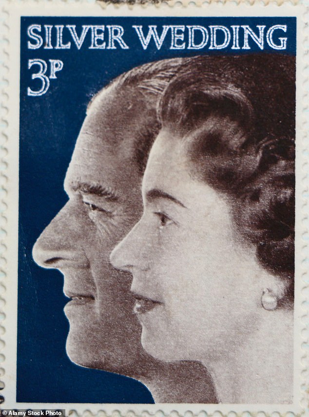 A repeated theme with the photographs of Queen Elizabeth II and Prince Philip was superimposing one photograph on top of another.
