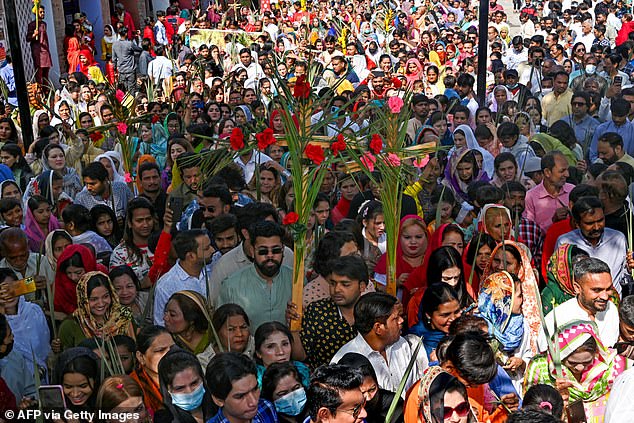 Christians at a Palm Sunday mass at St. Anthony's Church in Lahore, Pakistan