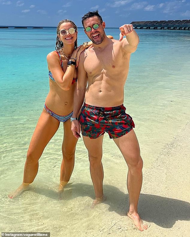 Vogue Williams and Spencer Matthews on a family vacation to Kuramathi Island in the Maldives in January 2022