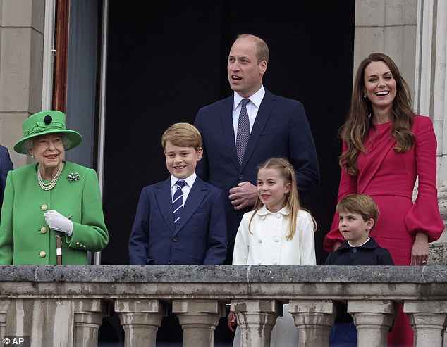 Prince George, Prince William, Princess Charlotte, Prince Louis and Kate on the balcony of Buckingham Palace on June 5, 2022, alongside the late Queen Elizabeth II
