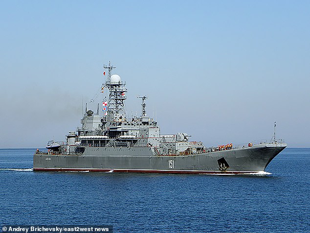 The landing ships Yamal and Azov (pictured), each valued at £170 million, were hit in the overnight attack while in the Black Sea naval port of Sevastopol, according to reports.