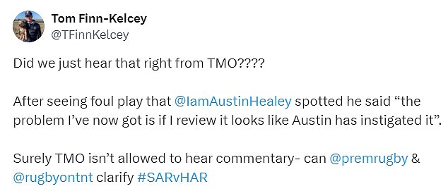 The TMO was heard suggesting it would not review Lewie's clash with Farrell after Healey highlighted possible foul play by Harlequins players.