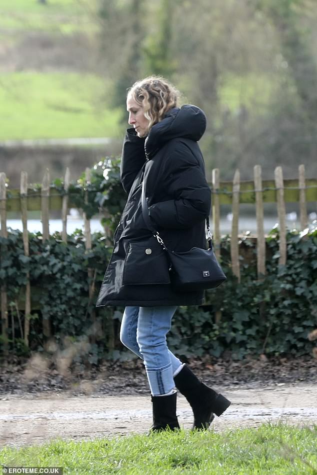 During her outing, Sarah looked typically chic in a black puffer jacket, which she wore with jeans and chunky black boots.