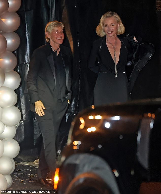 Ellen and the 51-year-old Australian woman, who have been married for 15 years, coordinated in a black pantsuit and a low-cut black dress.