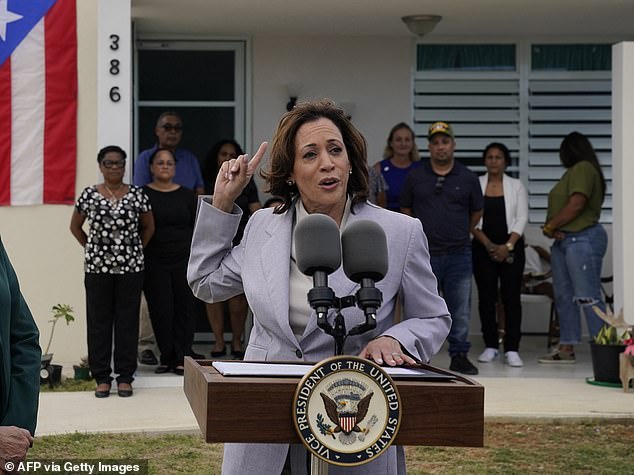 Vice President Kamala Harris speaks during a visit to Canóvanas, Puerto Rico