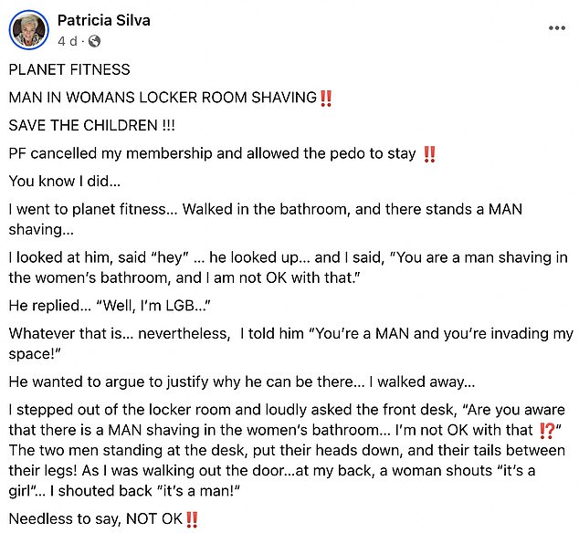 Patricia Silva, a former Planet Fitness gym goer, defended her reaction in a series of Facebook posts.