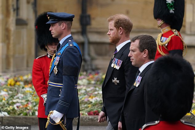Pictured: Prince William, Prince Harry and Peter Phillips arrive for their committal service at St George's Chapel in 2022, following the death of the Queen.