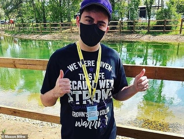 Mason, (pictured wearing a face covering), who is autistic, added that he has lost friends since the pandemic and rarely socializes with anyone outside of his family.