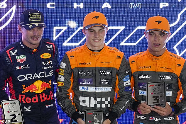 Piastri (centre) gets bragging rights over Norris (right) and world champion Max Verstappen (left) after winning the Qatar Sprint.