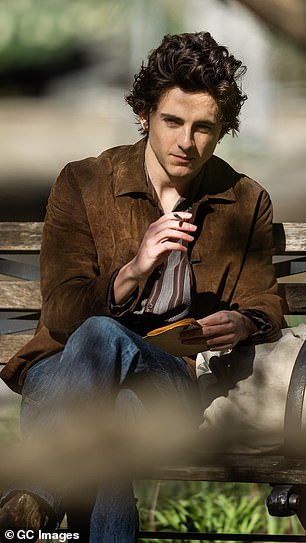 Stylists dressed the French-American actor in a classic Dylan look with a brown suede jacket over a two-tone brown shirt and blue jeans.