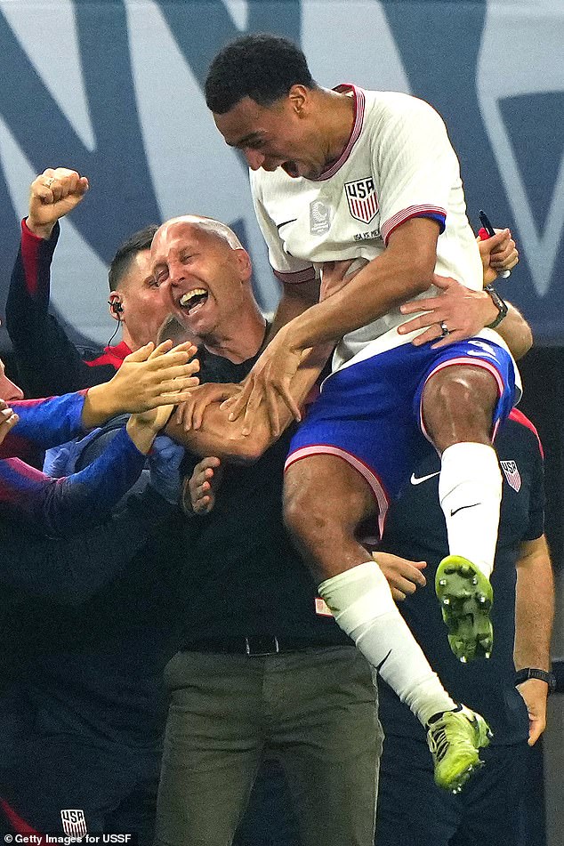 He celebrated by running to the sideline and jumping into Gregg Berhalter's arms.