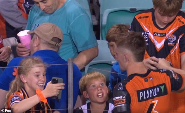 Young Wests Tigers halfback Lachlan Galvin also took the time to meet the club's younger fans at Leichhardt Oval.