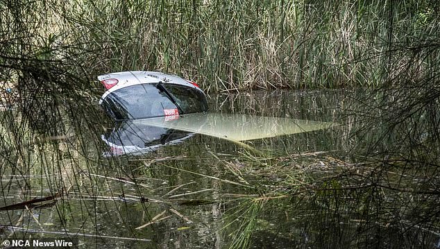 NSW Ambulance paramedics examined the driver at the scene after Constable McJannet saved her seconds before the car (pictured) sank.