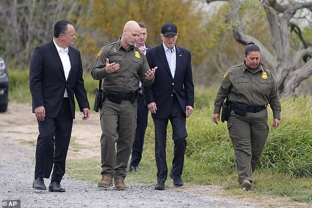 President Joe Biden, center, surveys the southern border. USBP Chief Jason Owens (center left) guides you here on February 29, 2024.