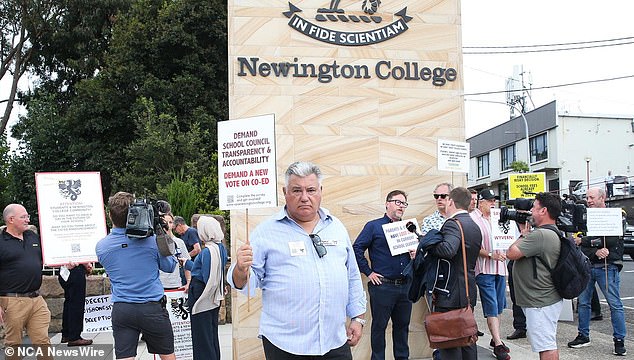 Several private schools in Australia have been embroiled in controversy in recent months, including Newington College, which announced a decision to become coeducational (protesters pictured outside Newington College in Sydney).