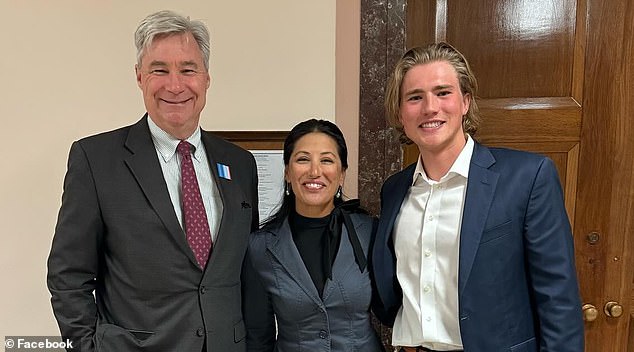 Schumacher (right) was invited to speak by Democratic Budget Chairman Sheldon Whitehouse (left) and appeared alongside Hilary Hutcheson, a fishing guide and outfitter from Montana.