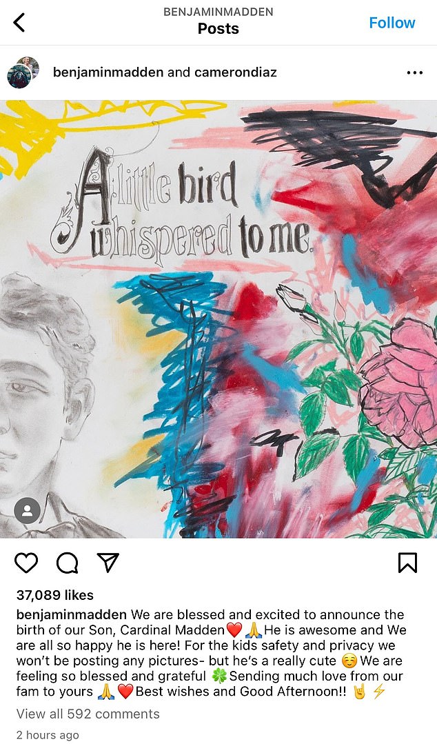 On Friday, the Something About Mary star revealed the birth of her son Cardinal Madden in an Instagram post.