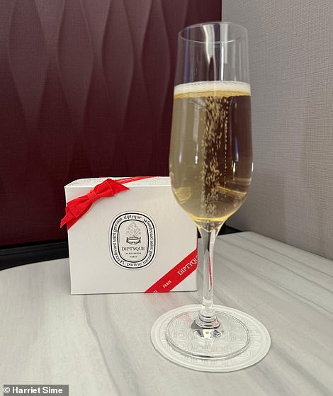Within seconds of boarding the plane, Harriet reveals, she was presented with “hot towels to cool off and glasses of deliciously golden Duval-Leroy champagne.”