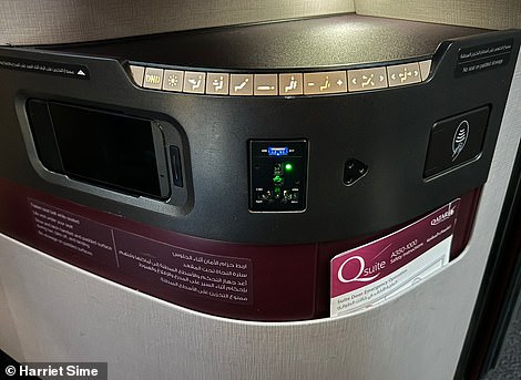 The Qsuite is “total luxury, with acres of space and everything you need right at your fingertips.”  The image above shows the ergonomically arranged seat adjustment buttons and charging points.