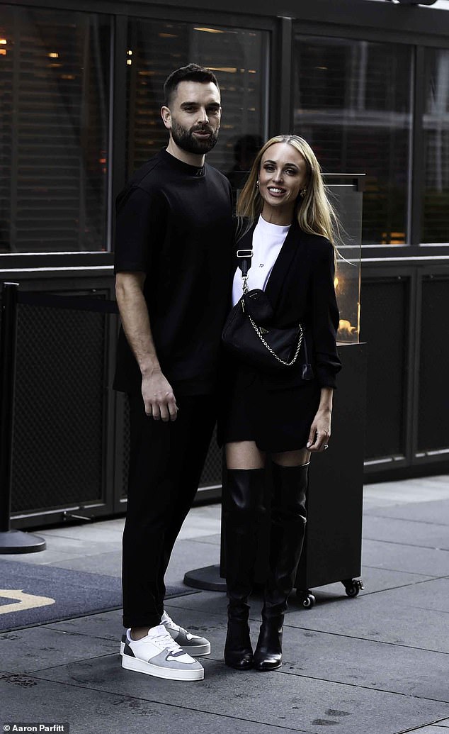 Meanwhile, presenter Jorgie, 36, looked stylish in a black jacket which she teamed with matching shorts and thigh-high boots while accompanied by her fiancé Ollie Piotrowski.