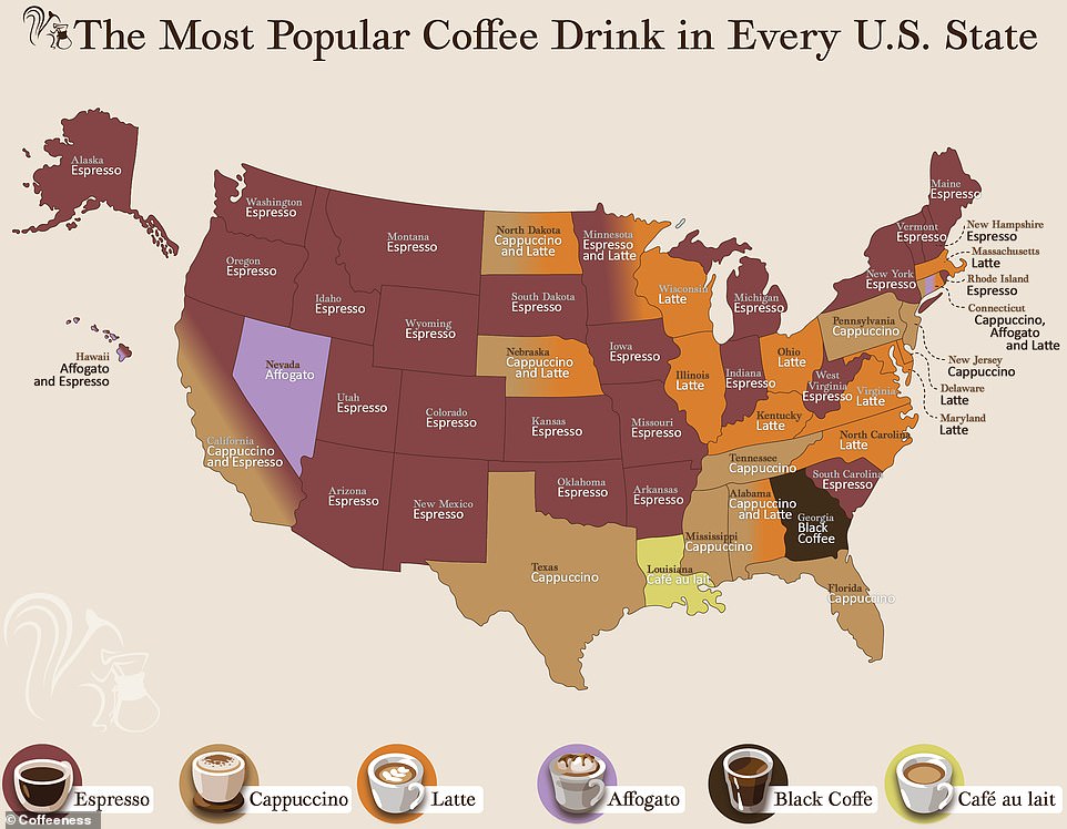 A separate map for the United States reveals the most popular drink in each state, with espresso being the No. 1 choice.