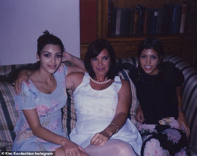 She shared a series of old photos of her aunt and wrote: 'I love you so much Aunt Karen'; Kim and Kourtney pictured with their aunt Karen