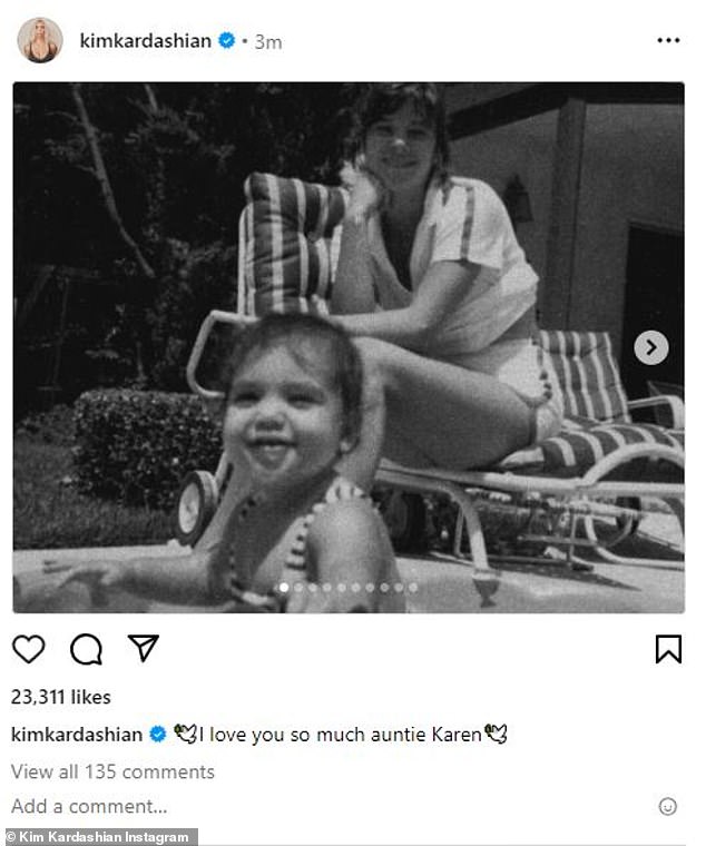 Kim posted a series of photos in honor of her late aunt. A photo of her showed her as a baby with her aunt sitting behind her in a pool chair.