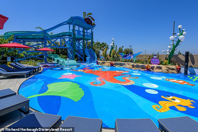 The rooftop pool, featuring a Finding Nemo-themed waterslide and paddling pool