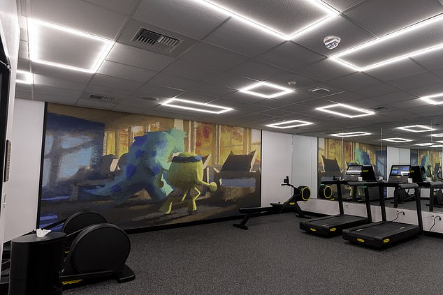 In the fitness center, a mural of Mike and Sulley from Monsters, Inc. takes center stage.