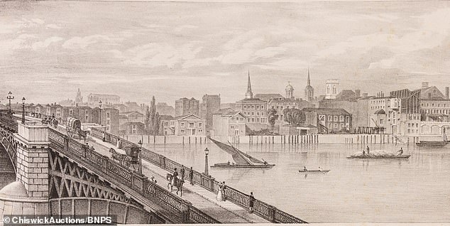 The Southwark Bridge sketch shows boats on the Thames and pedestrians, horses and carriages.